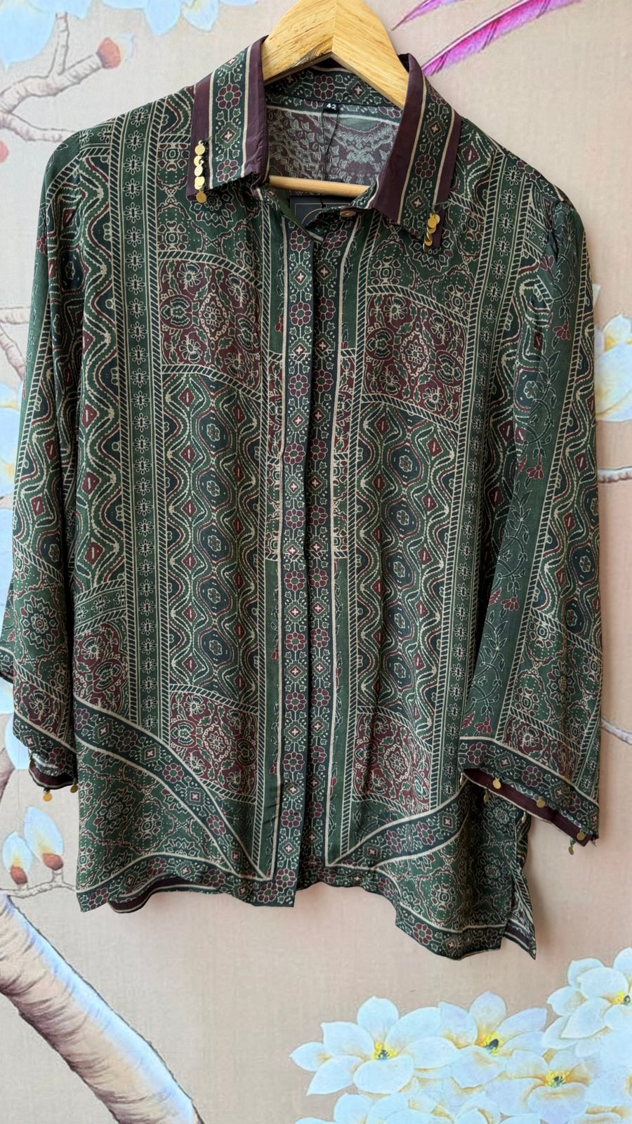 Crepe silk ajrakh printed shirt in green