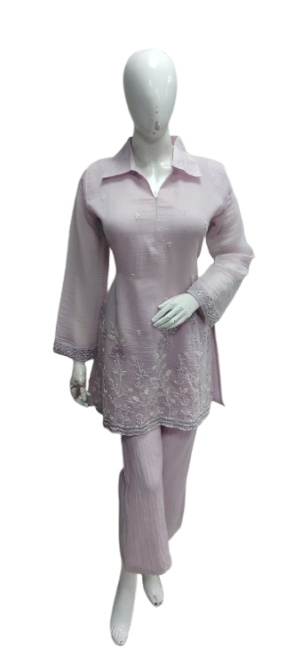 Premium Mul chanderi handwork Co ord in lilac
