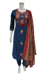 Premium cotton applique work full suit set in blue