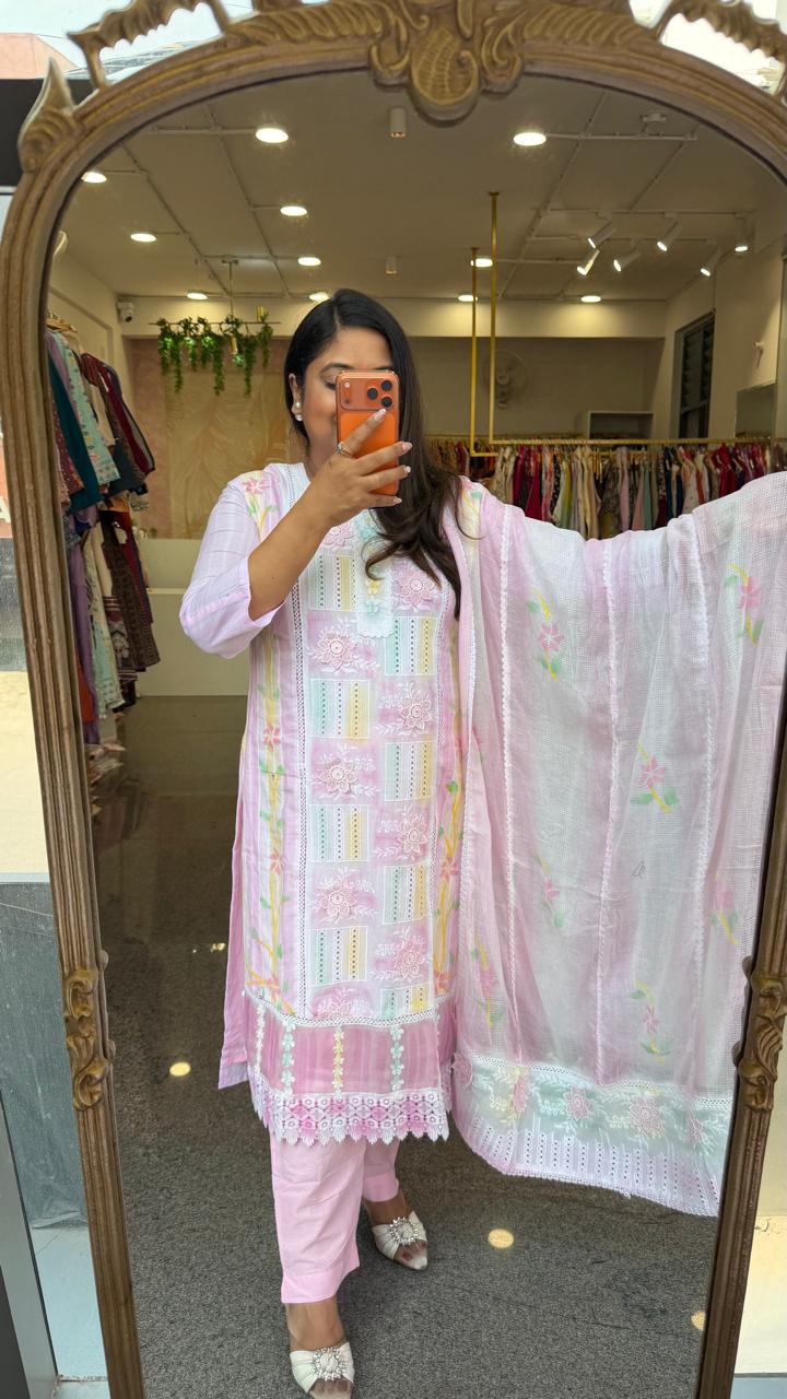 Shifli cotton with beautiful flowers suit set in pink multi