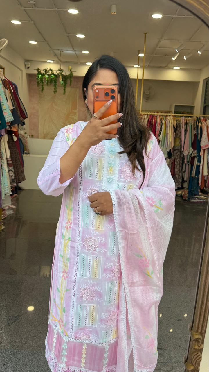 Shifli cotton with beautiful flowers suit set in pink multi