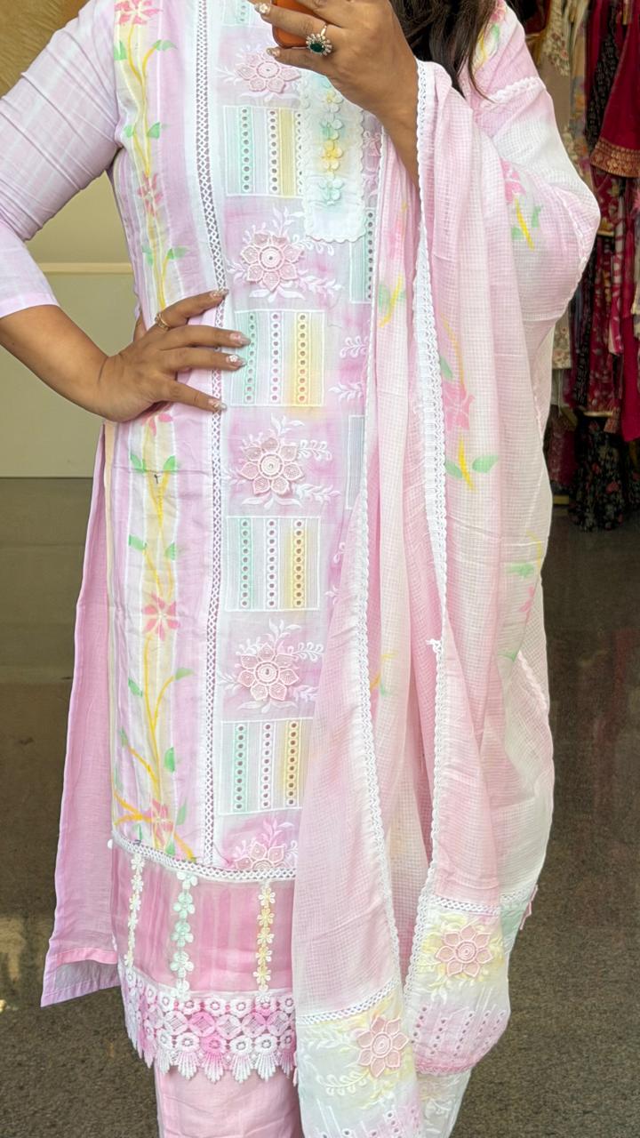 Shifli cotton with beautiful flowers suit set in pink multi