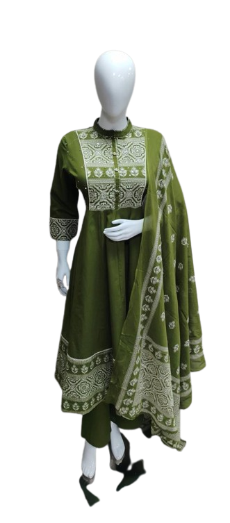 Beautiful handwork on yoke green cotton Anarkali suit set