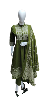 Beautiful handwork on yoke green cotton Anarkali suit set