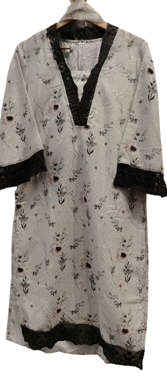 Textured cotton full suit with lace detailing.