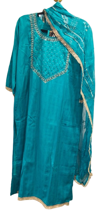 Textured cotton full suit with embalished dupatta