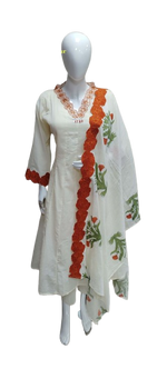 Pure Mul cotton applique work border suit set in orange