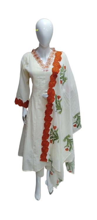 Pure Mul cotton applique work border suit set in orange