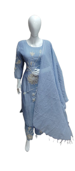 Premium applique work Mul chanderi lining slim fit suit set ice blue