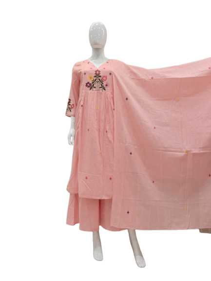 Wow Mul cotton embroidered suit set in pink