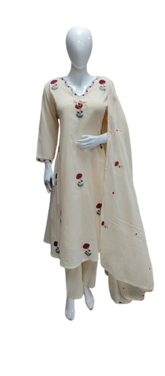 Pretty cotton applique lining suit set in cream
