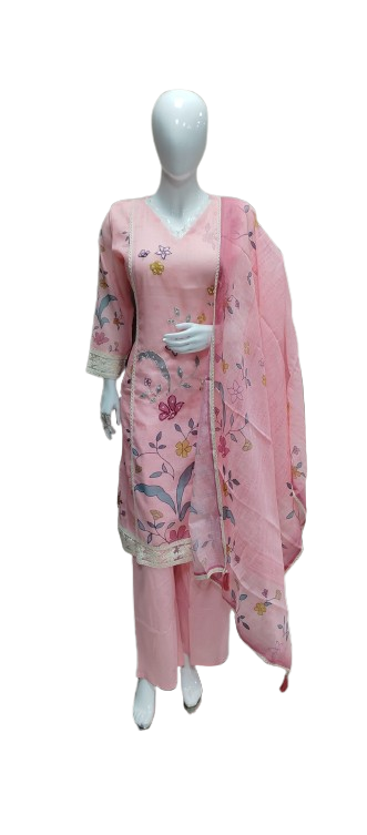 Linen applique full suit set in pink