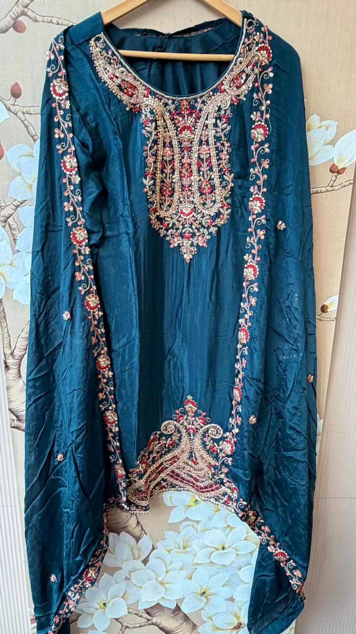 Pure chinon heavy handwork sharara full suit set in teal blue
