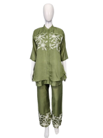 Best selling in hottest selling colour of the season! Designer embroidered Mul chanderi co ord set in green