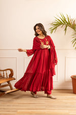 Super soft n pretty Mul cotton Anarkali suit set in red
