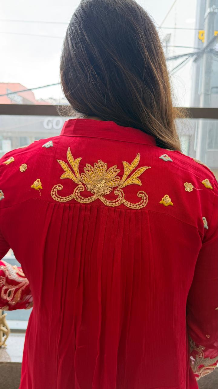 Pure chinon heavy intricate embroidery in both front n back in red