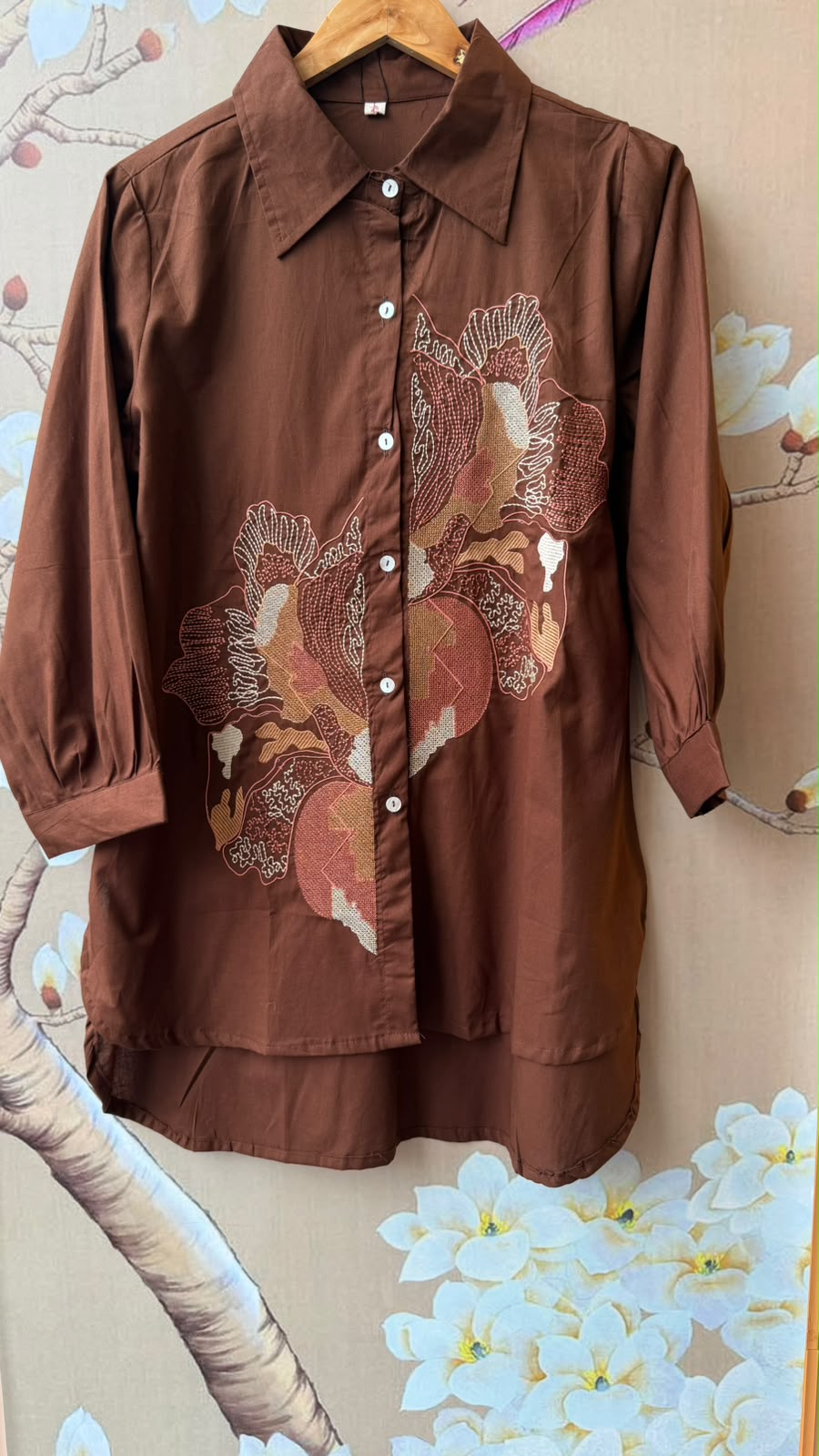 Smart cotton embroidered co ord in brown