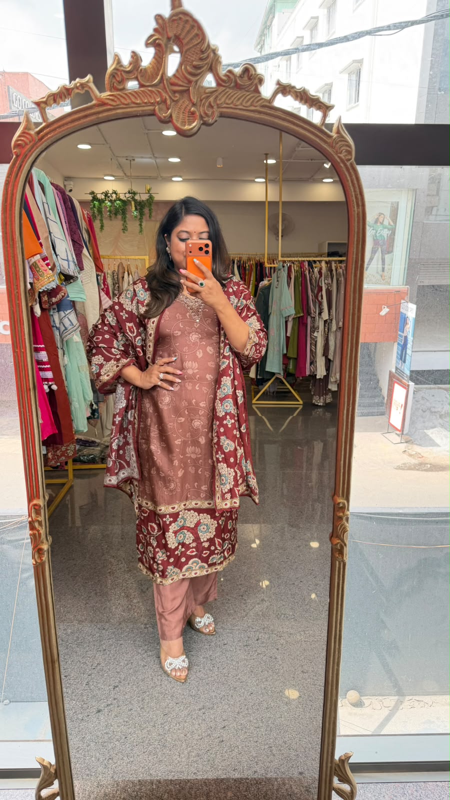 Russian silk lining Kalamkari suit set in wine n brown