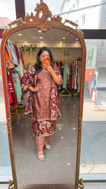 Russian silk lining Kalamkari suit set in wine n brown