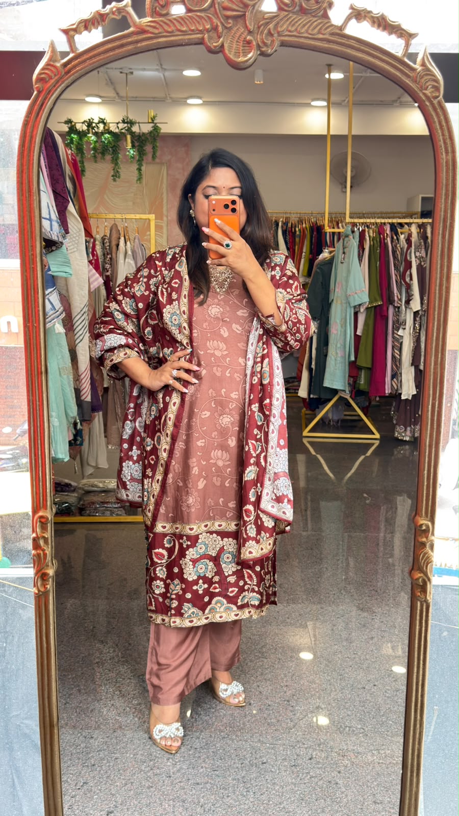 Russian silk lining Kalamkari suit set in wine n brown