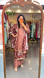 Russian silk lining Kalamkari suit set in wine n brown