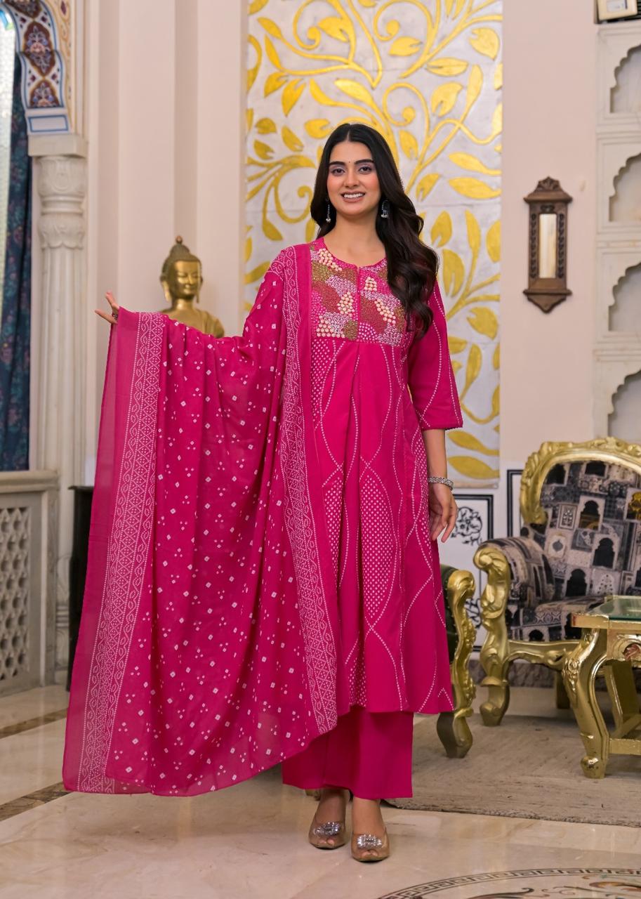 Pure cotton embroidered suit set in pink