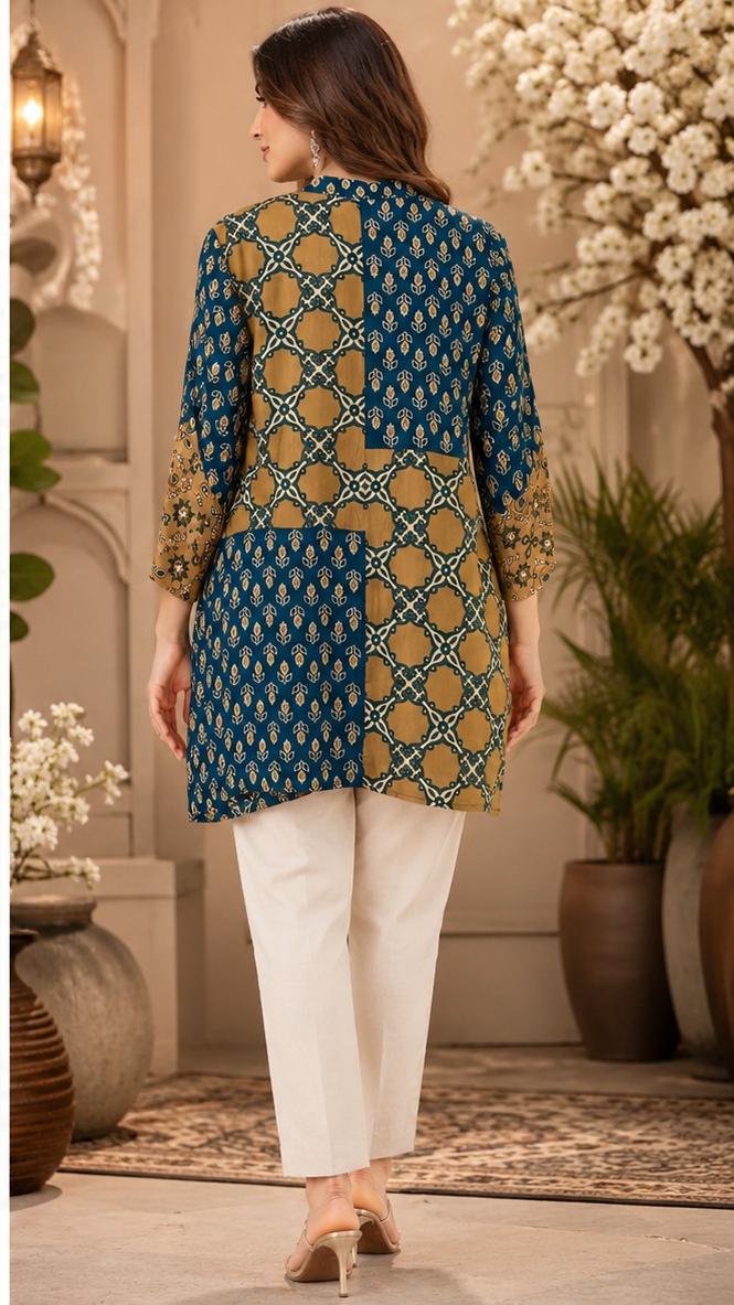 Pretty Kalamkari front n back top in blue n yellow