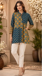 Pretty Kalamkari front n back top in blue n yellow