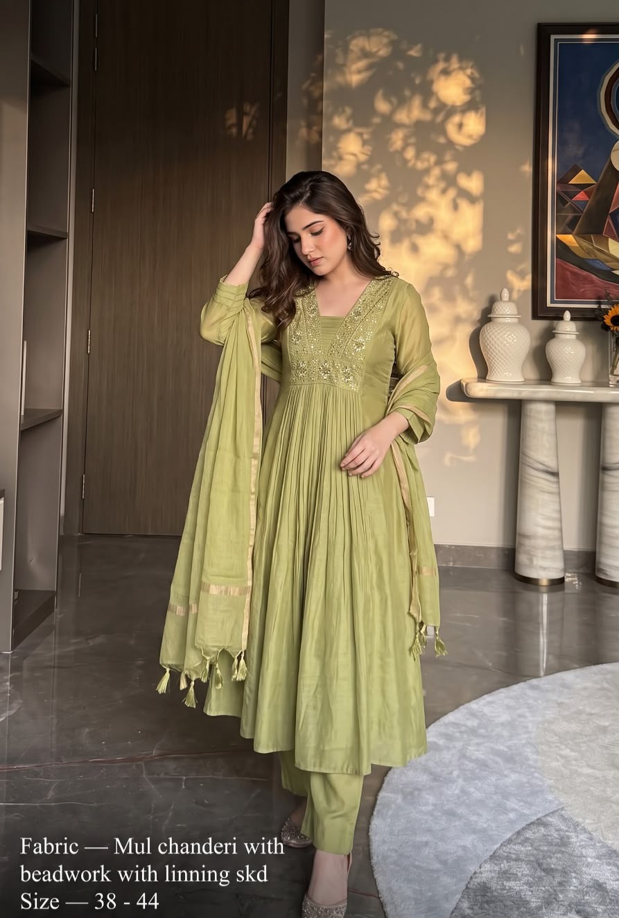 Pretty Mul Chanderi with bead work and lining full suit in Green