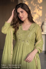 Pretty Mul Chanderi with bead work and lining full suit in Green