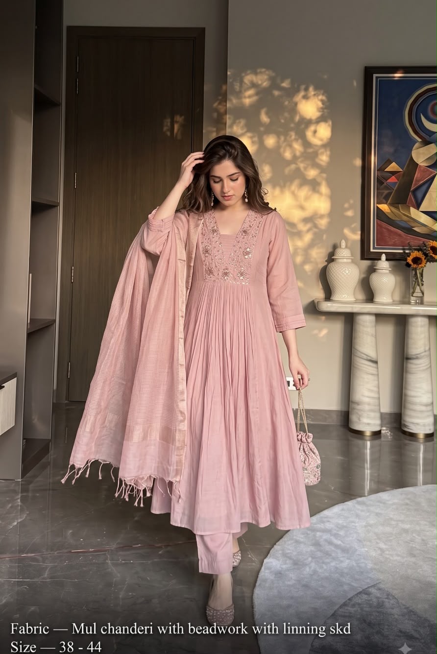 Pretty mulchanderi with bead work and lining full suit in pink