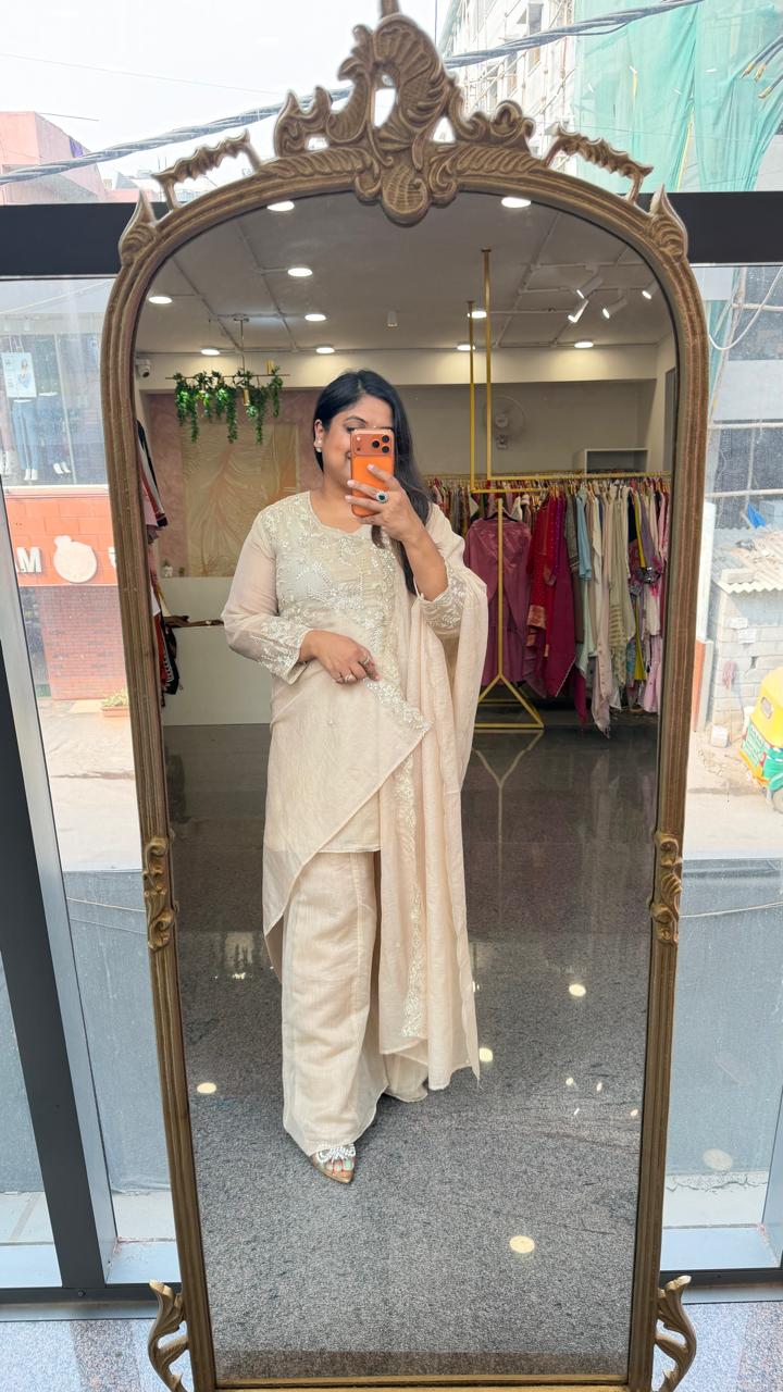 Premium Mul chanderi with heavy hand work full suit set