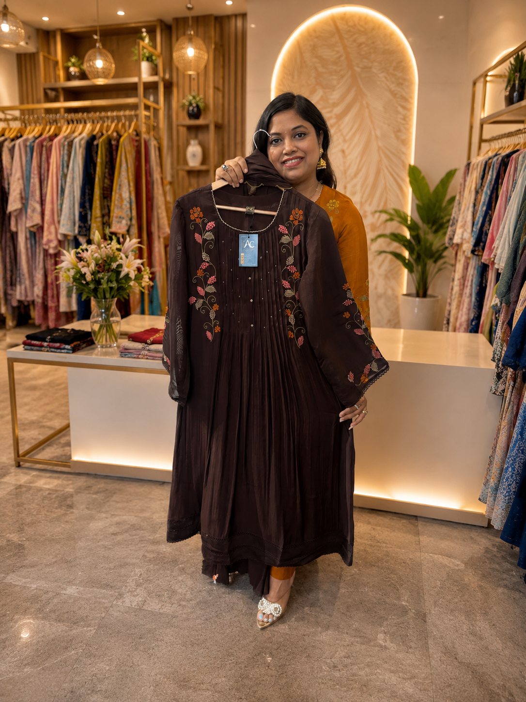Pretty Mul Chanderi embroidered Anarkali suit set in brown