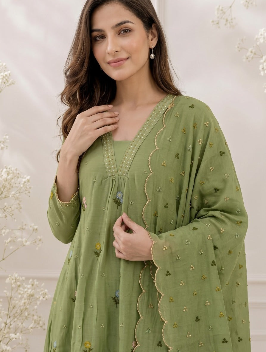 Mul chanderi with lining fully embroidered in green