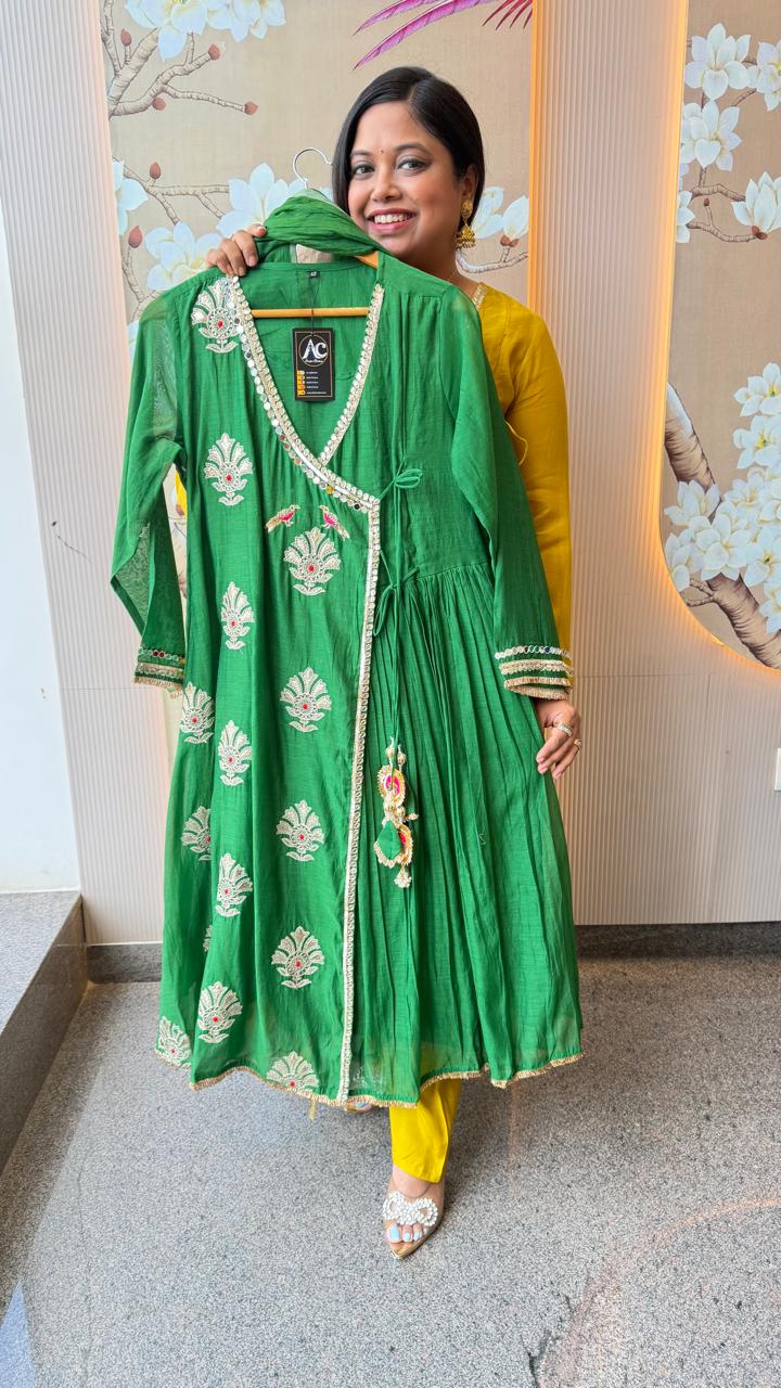 Premium Mul chanderi angrakha pattern gotta detailing suit set in emerald green