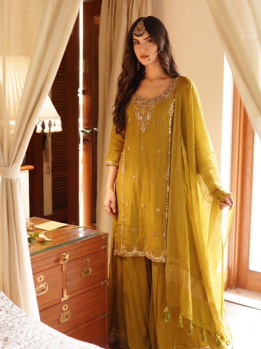Pretty olive colored hand work flared plazzo set