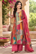 Mul silk digital printed full suit set in pink Full suit