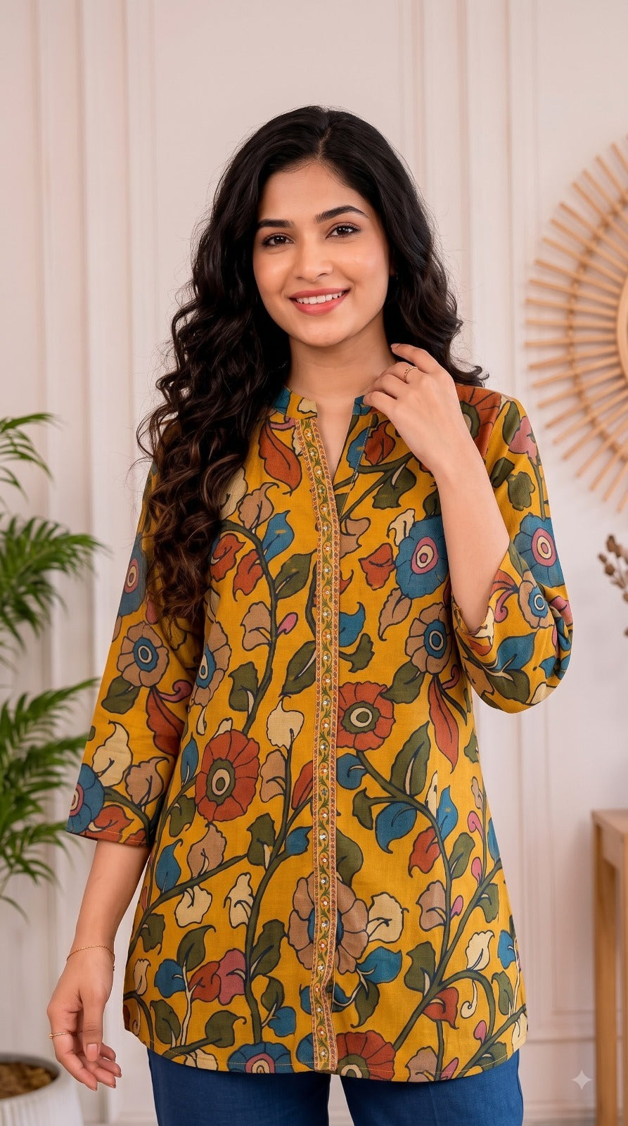 Pretty Mul silk Kalamkari top inyellow