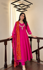 Premium Mul chanderi in pink n orange with premium handwork suit set