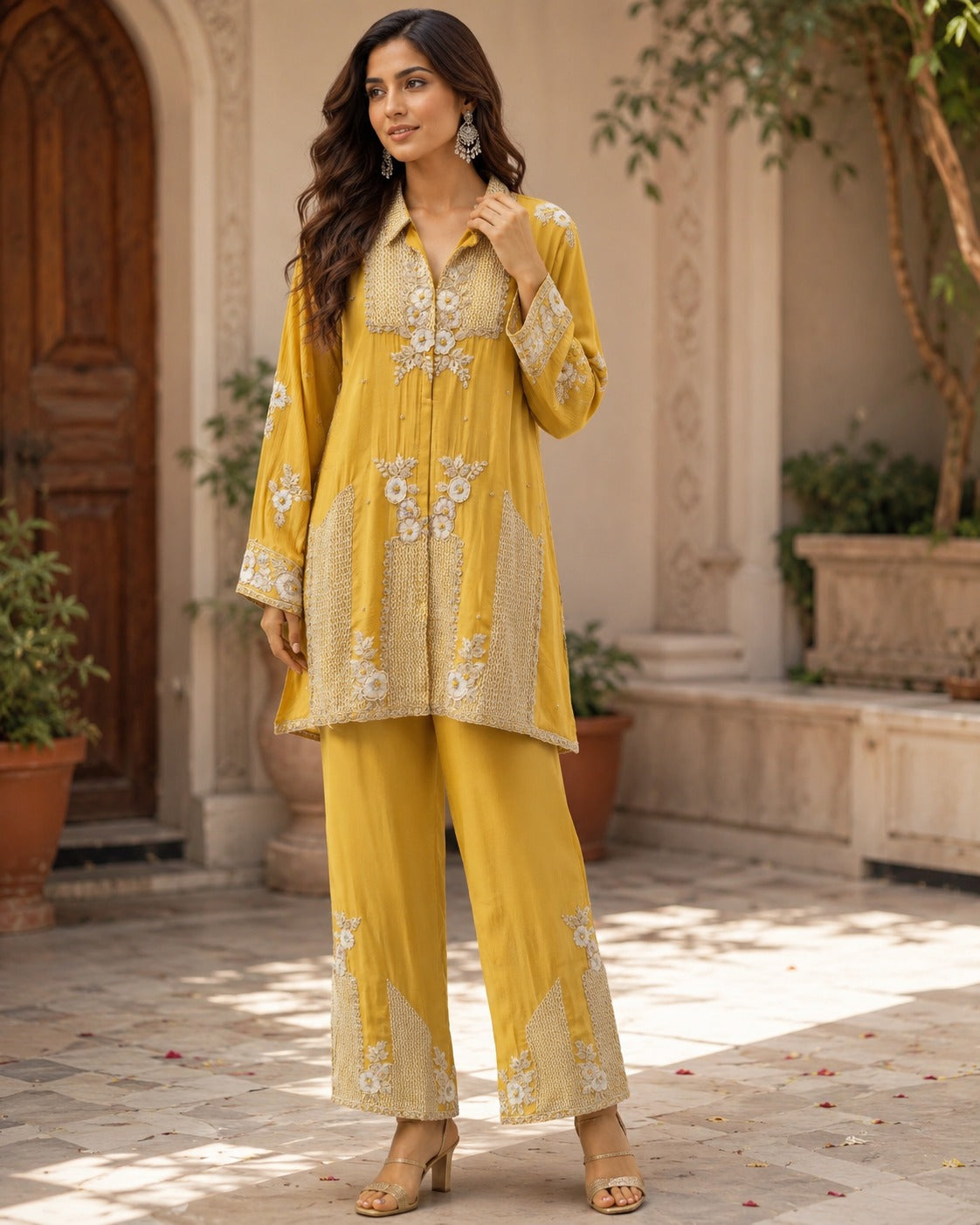 Premium chinon heavy intricate work co ord in yellow