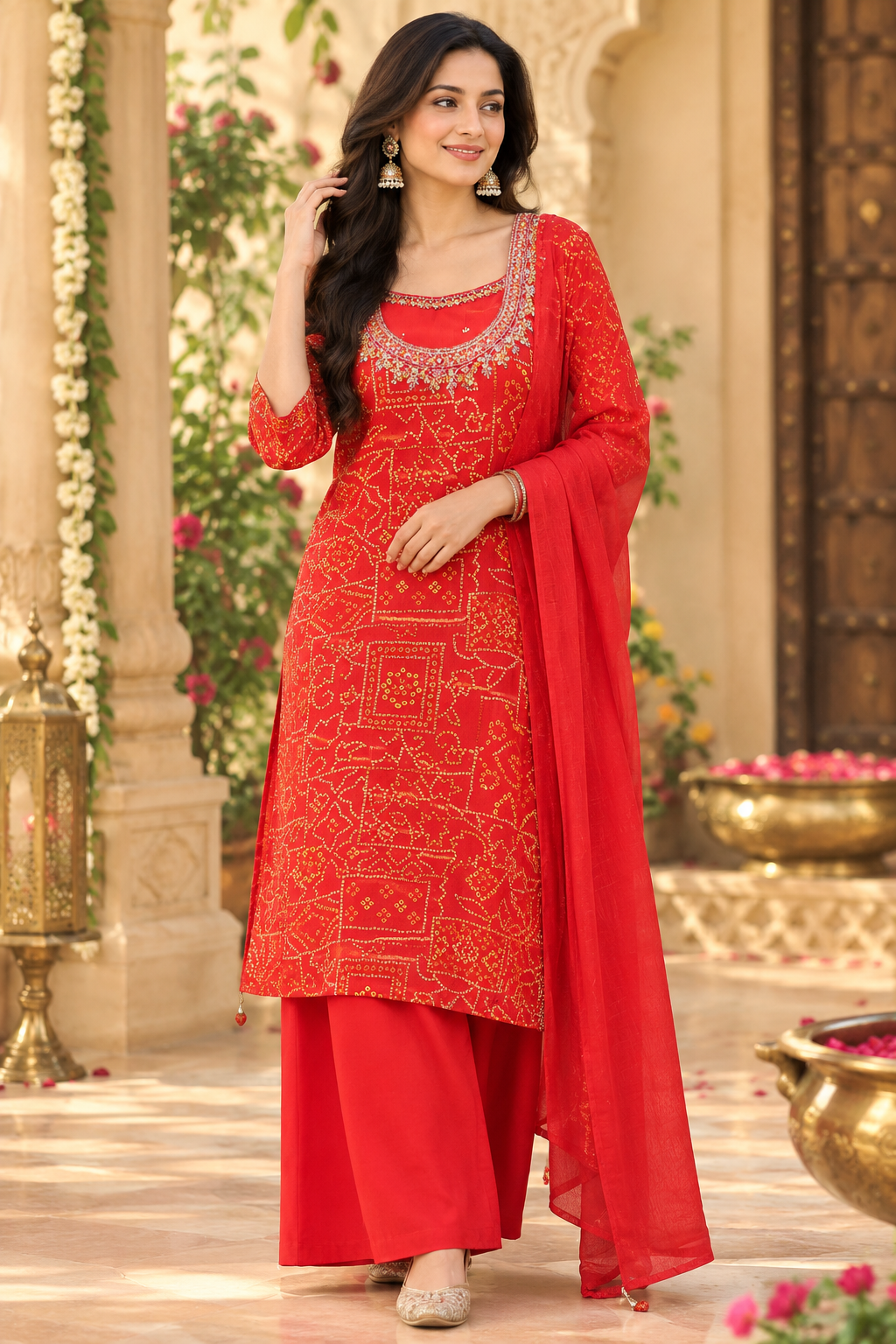 Pure georgette gorgeous red bandhani full suit set in red