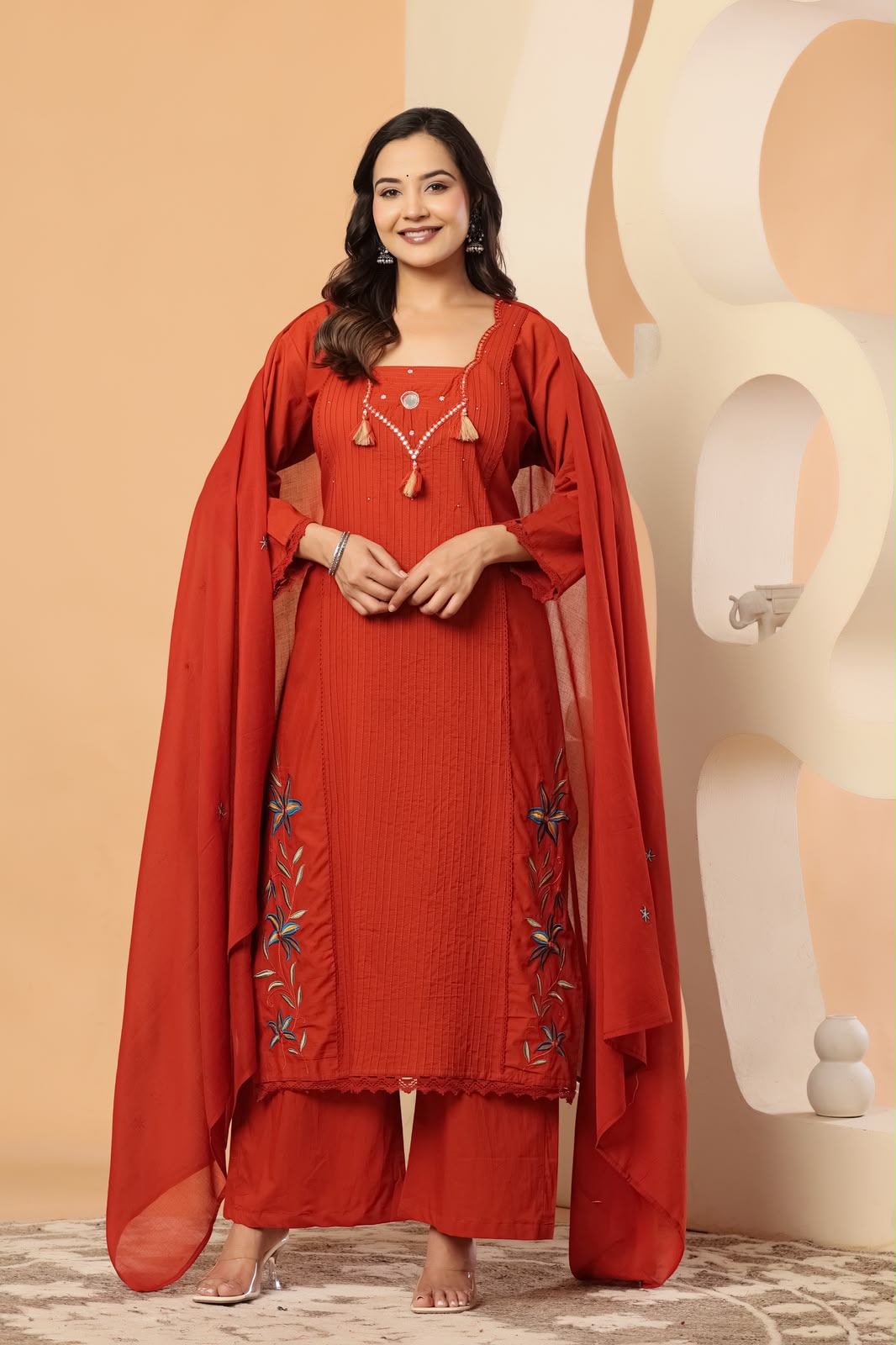 Pure cotton real mirror pintux work embroidery suit set in red