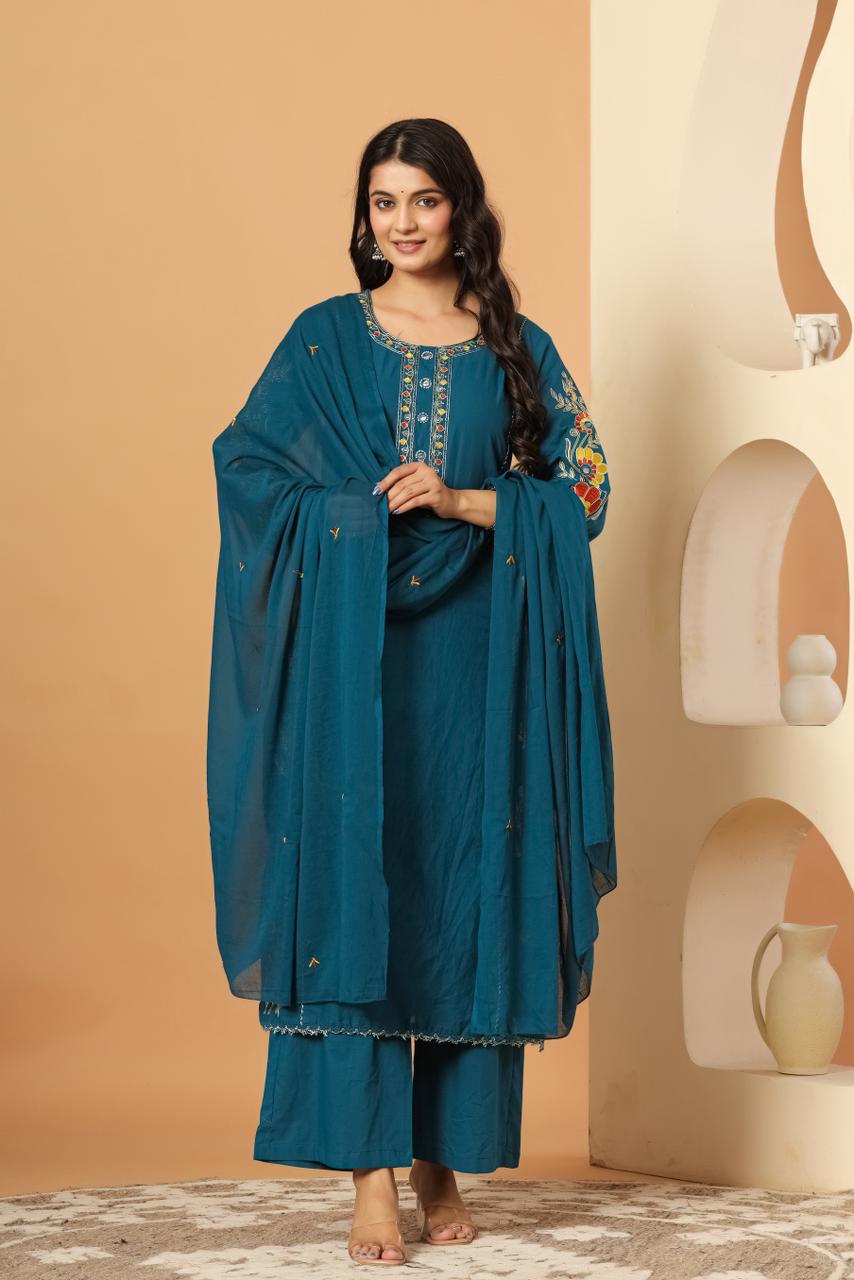 Pure cotton appliqué and zari embroidery suit set in blue