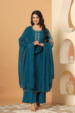 Pure cotton appliqué and zari embroidery suit set in blue