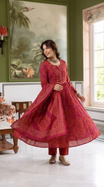 Super pretty cotton Anarkali suit set in red bandhani