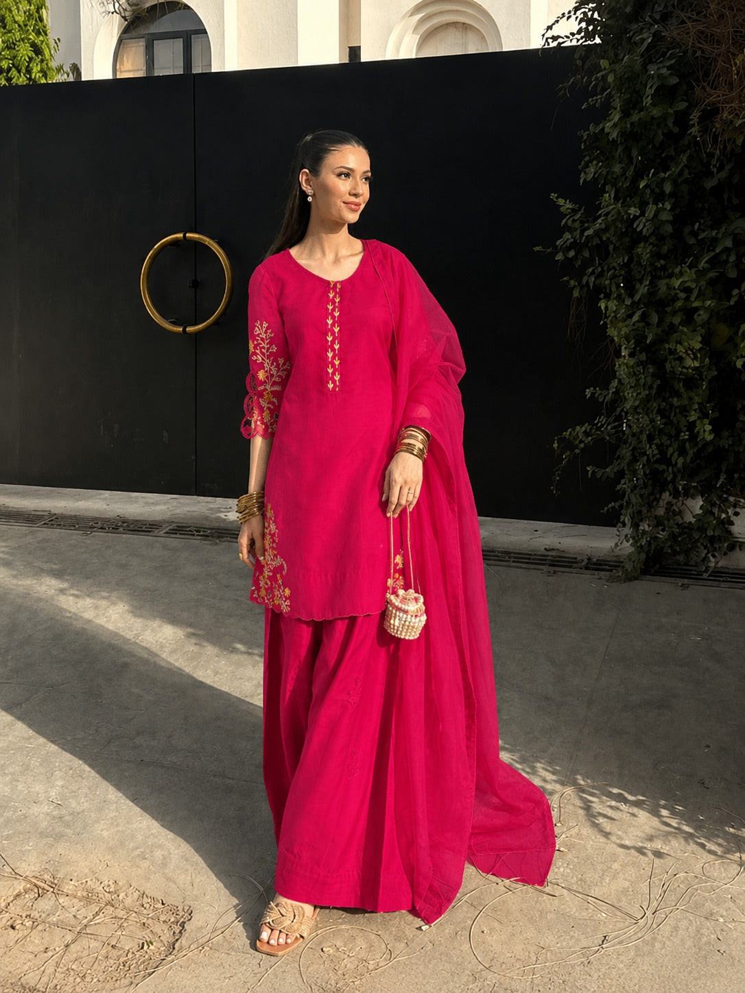 Pretty Mul chanderi paired with farshi salwar suit set in Rani pink