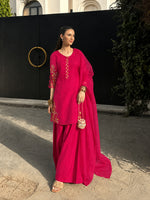 Pretty Mul chanderi paired with farshi salwar suit set in Rani pink