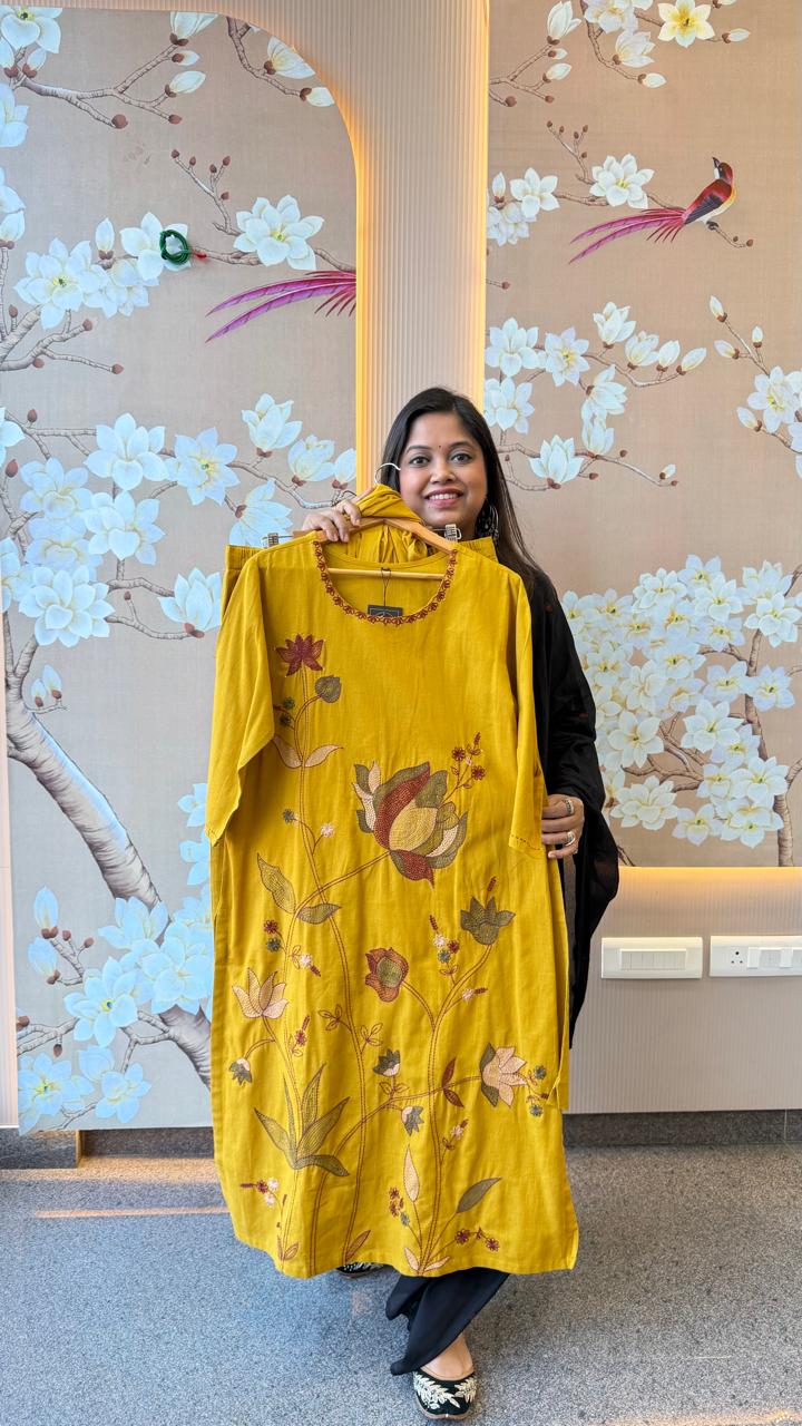 Pure cotton fully embroidered suit set in yellow