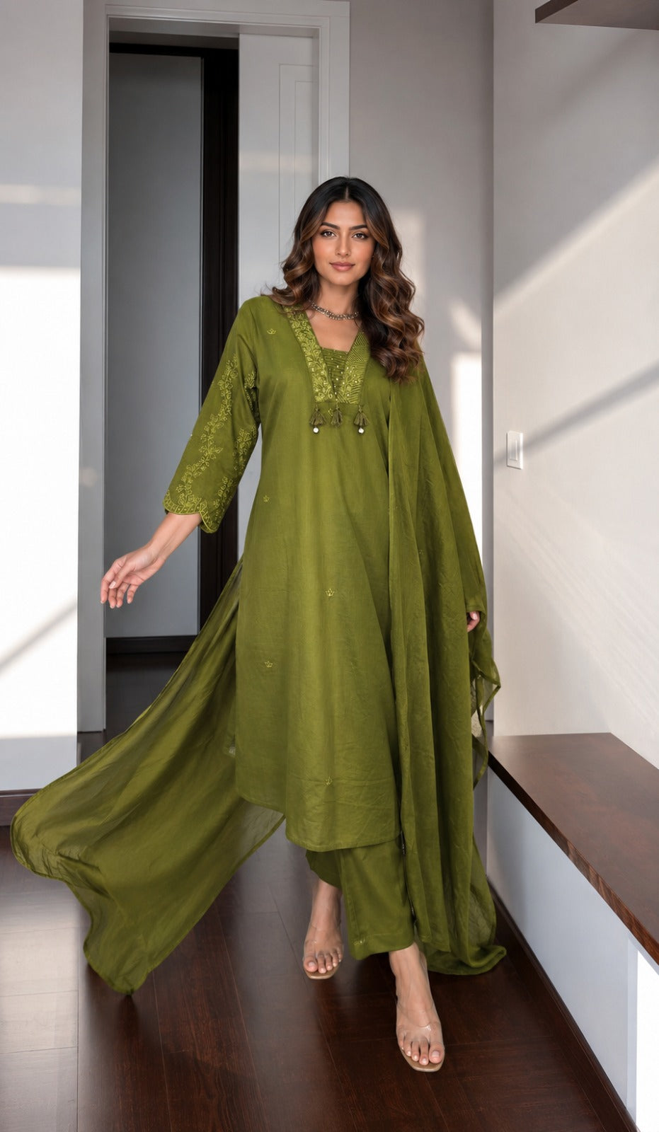 Pretty cotton heavy embroidered sleeve suit set in green