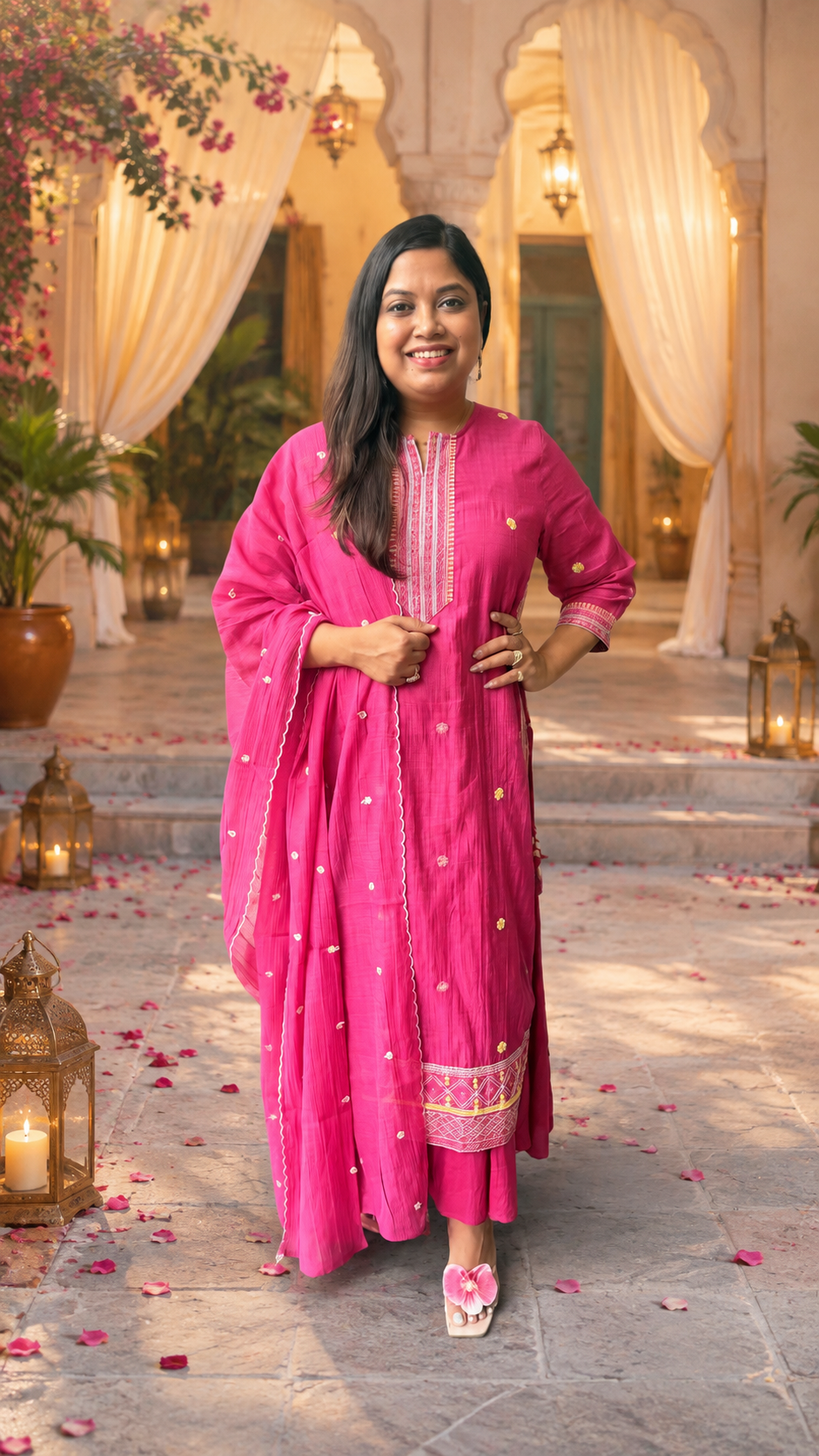 Pure Banarasi handcrafted mulchanderi layered gown with dupatta in Rani pink